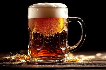Golden Beer Mug with Froth, Wheat on Wood Table, Dark Background, Bubbles