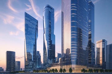 Fototapeta premium Radiant Corporate Skyscrapers in Contemporary Urban Architecture