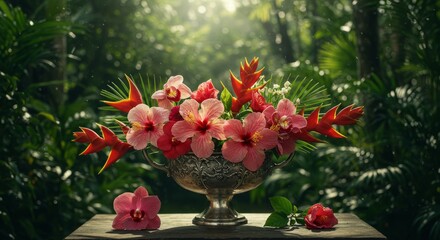 Vibrant Tropical Flower Arrangement in Silver Vase