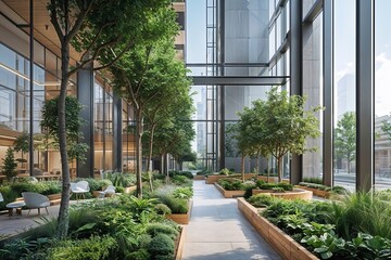 Sustainable City Office Building Surrounded by Green Plants and Trees