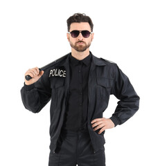 Male police officer with baton isolated on white background