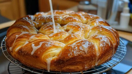 Golden Braided Bread Ring with Drizzled Icing: Culinary Delight and Baking Artistry - Powered by Adobe