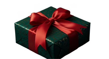 Isolated Green Gift Box with Red Ribbon Bow on Transparent Background Photo