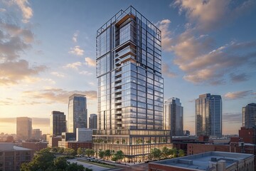 Fototapeta premium Innovative Multi-Functional Skyscraper Featuring Sleek Steel and Glass Architecture in Urban Business District