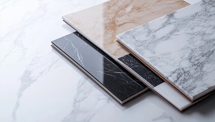Stacked marble tiles on a marble surface.  Different colors and patterns