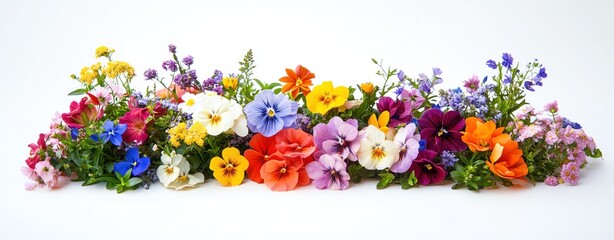 Colorful flower arrangement featuring vibrant blooms of various species, including roses, pansies, and wildflowers, on a clean white background, perfect for botanical designs and creative projects.