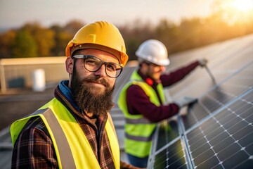 Solar panel installation by professional workers on rooftop