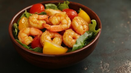 Delicious Shrimp Salad with Fresh Vegetables in a Rustic Bowl