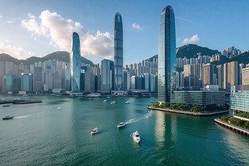 Fototapeta premium Distinctive Views of Hong Kongs Waterfront Corporate Offices and Cutting Edge Architecture