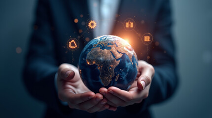 businessman holding a globe with world meaning technology for everyone and for the earth