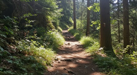 Obraz premium Sunlit Forest Path Winding Through Lush Green Trees