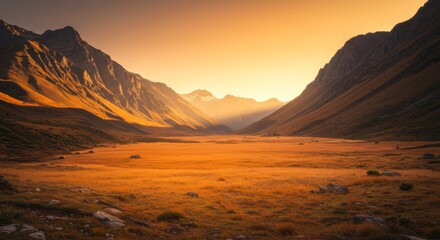 Golden Hour Sunset Over Autumn Valley and Mountains