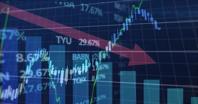 As bars fill under red arrow, candlestick and blue lines rising, falling showing stock downturn