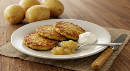 Delicious Potato Pancakes Served with Applesauce and Sour Cream on a Rustic Wooden Table Surrounded by Fresh Potatoes