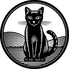 Elegant Black Cat Illustration in a Circular Frame with Striped Background