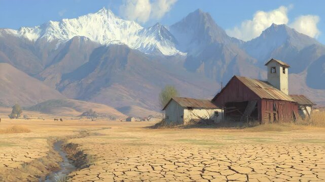 Dried-out farmland with old barns and snow-capped mountains