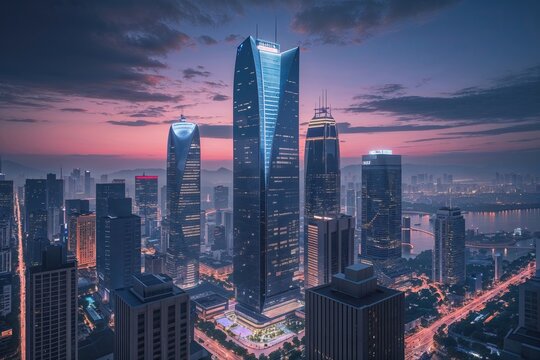 Urban Skyline at Dusk Detailed Views of Architectural Finance and Office Interactions