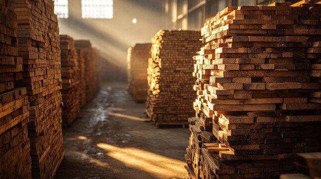 Golden Hour in the Lumberyard: Stacks of Wood in a Warehouse