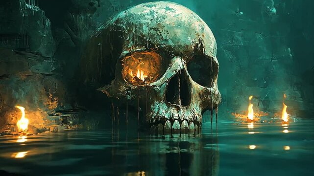 Ominous skull in a subterranean pool flickering flames illuminate the scene eerie and captivating ambience
