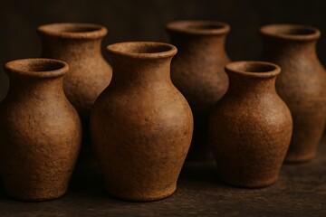Rustic earthenware pottery collection showcasing a variety of sizes and textures, ideal for still life photography or home decor inspiration offering a vintage aesthetic appeal.