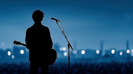 Silhouette of a musician performing on a stage at night.