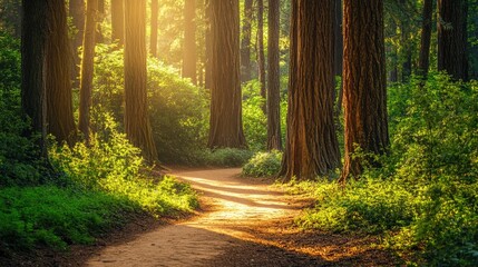 Fototapeta premium Sunlit Forest Path: A Serene Woodland Walk