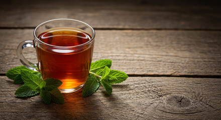 A clear glass mug filled with tea and fresh mint leaves on a rustic wooden surface in soft lighting
