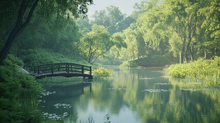 Serene Green Haven: Misty Morning at the Wooden Bridge
