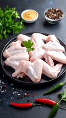 Raw Chicken Wings on Plate with Spices  Herbs with Culinary Ingredient Concept.