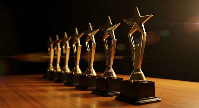 Row of golden star trophies on wooden table in dark ambient lighting