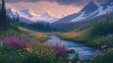 Serene Sunset Landscape: Mountain River, Wildflowers, and Majestic Peaks