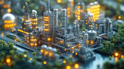Night Industrial Complex, illuminated Refinery, Cityscape at Night