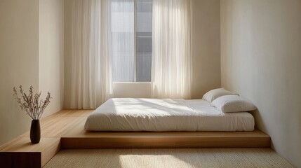 Serene Minimalist Bedroom Design: Sunlight Illuminates a Tranquil Space