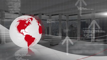 On starting globe spinning leftward, data streams drifting arrows appearing visualizing data loop - Powered by Adobe