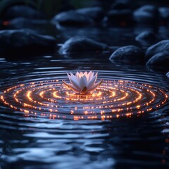 Glowing Lotus Flower on Dark Water with Ripples and Rocks