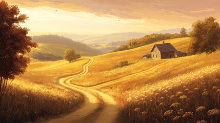 Fototapeta premium Golden Hour Countryside: A Serene Rural Landscape