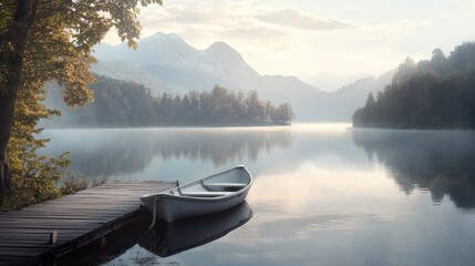 Obraz premium Serene Morning Mist on Alpine Lake with Rowboat Docked