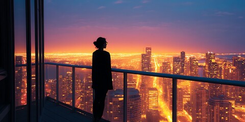 Fototapeta premium Woman on balcony of high-rise hotel looking at city