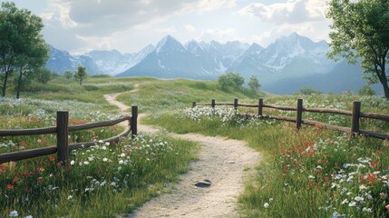 Serene Mountain Meadow: A Picturesque Path Through Wildflowers