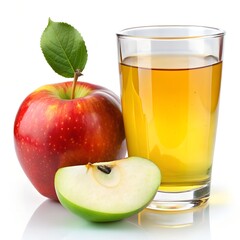 Fresh red and green apples with a glass of golden apple juice on white background, healthy fruit beverage