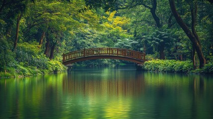 Fototapeta premium Serene Bridge Over Tranquil Green Lake in Lush Forest