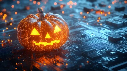 Glowing Jack o' lantern on Circuit Board Digital Halloween Concept - Powered by Adobe