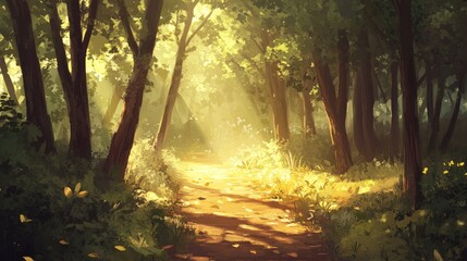 Fototapeta premium Sunlit Forest Path: A Digital Painting of Tranquil Nature