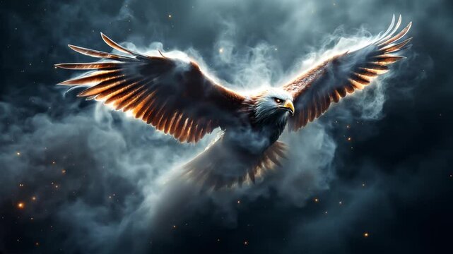 Super ultra-realistic animation of a powerful eagle flying through mysterious space. The eagle's entire body is enveloped in thick, enchanting smoke, swirling around its feathers in dramatic slow moti