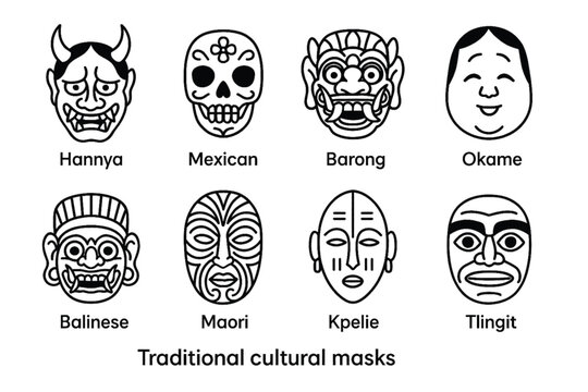 Traditional Cultural Masks Icon Set &ndash; Black and White Line Art