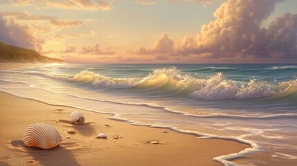 Golden Sunset Seascape: Tranquil Beach at Dusk with Gentle Waves and Seashells