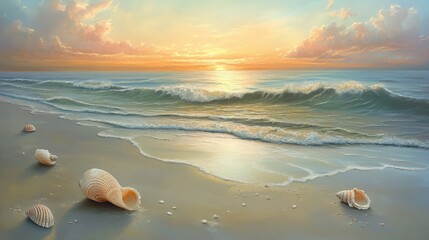 Seashells on the Beach at Sunset: A Serene Coastal Painting