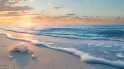 Seashells on the Beach at Sunrise: A Peaceful Ocean Scene