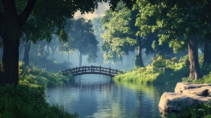 Serene Tranquility: A Misty Bridge over a Calm River in a Lush Green Forest