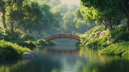 Serene Japanese Garden Bridge and Pond: A Digital Painting of Tranquility